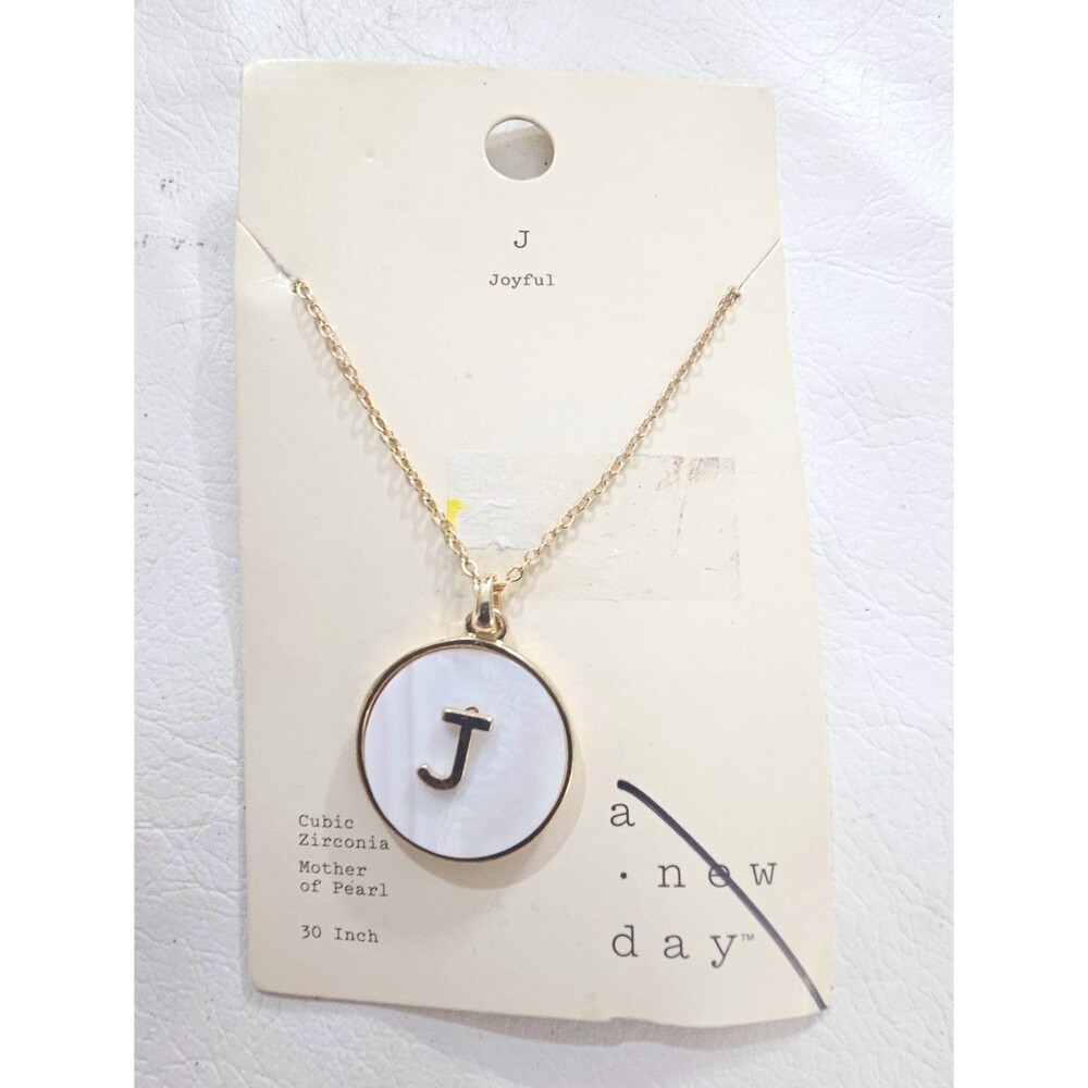 A New Day Initial J Round Mother of Pearl CZ Pendant Silver Tone Cable 30 in